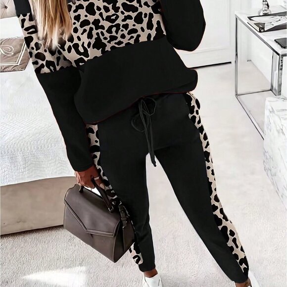 Black Casual Women's Leopard Patchwork Top and Pants Set - Picture 3 of 8